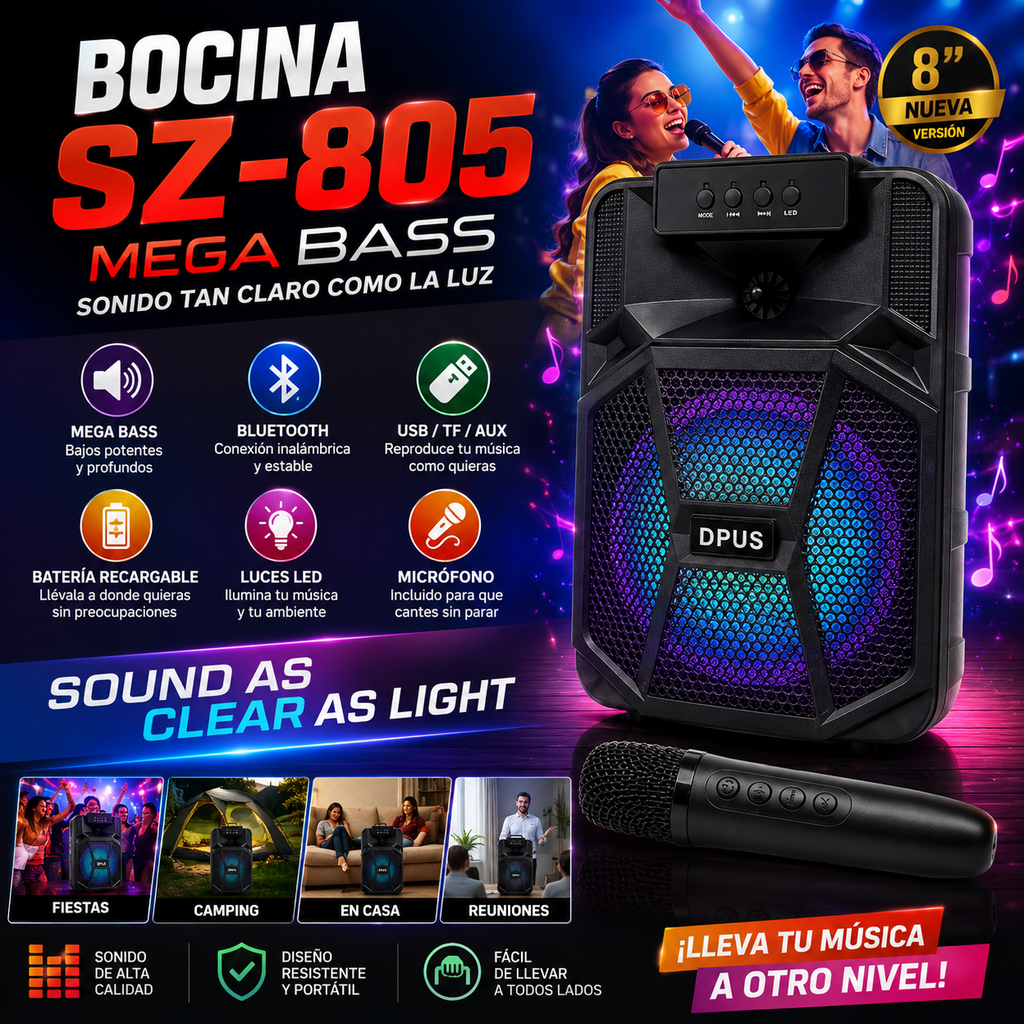 Bocina Bluetooth Mega Bass SZ-805 con Micrófono y Luces LED