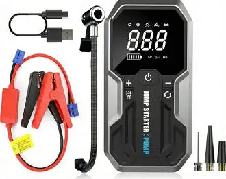 JUMPER DE BATERIA + BOMBA DE AIRE+ POWER BANK+ LINTERNA 4 EN 1