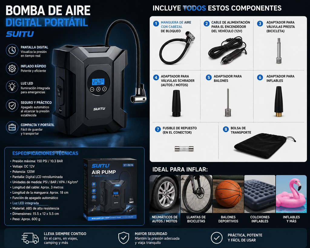 Inflador Digital Portátil SUITU para Vehículos y Neumáticos