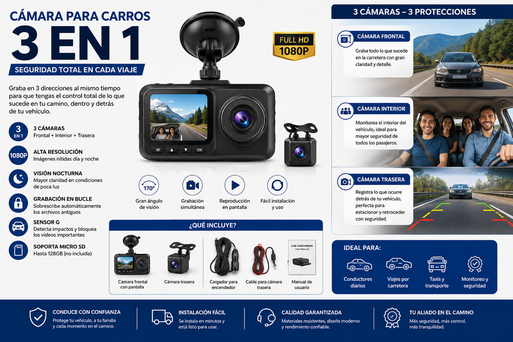 Dash Cam 3 en 1 Full HD 1080P – Cámara Frontal, Interior y Trasera