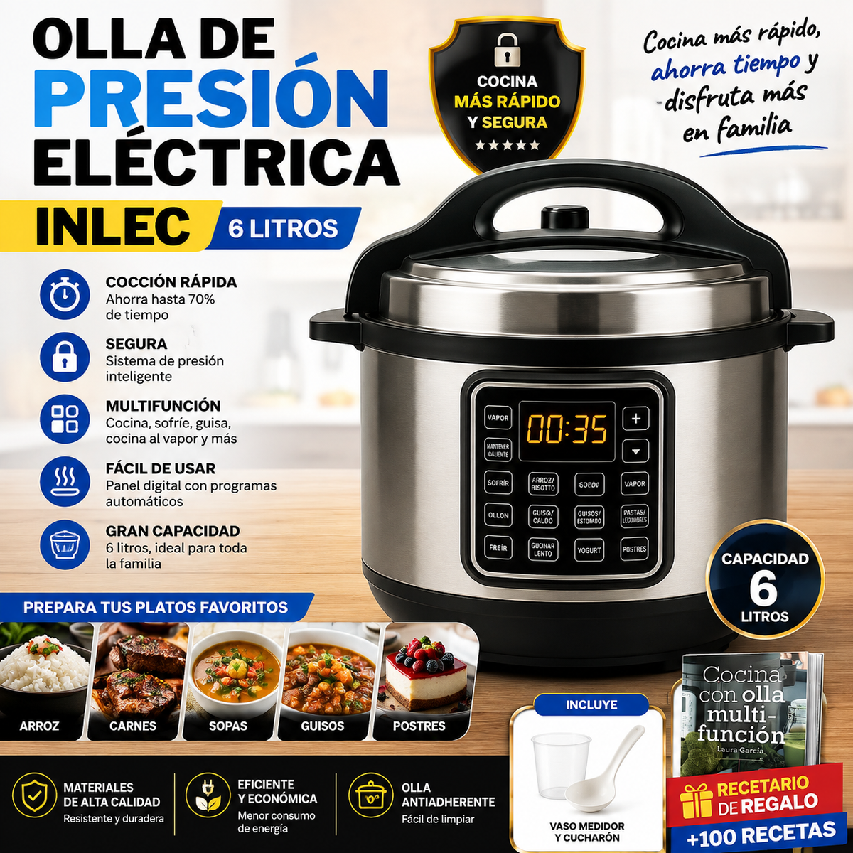 Olla de Presión Eléctrica INLEC 6L Multifunción con Panel Digital