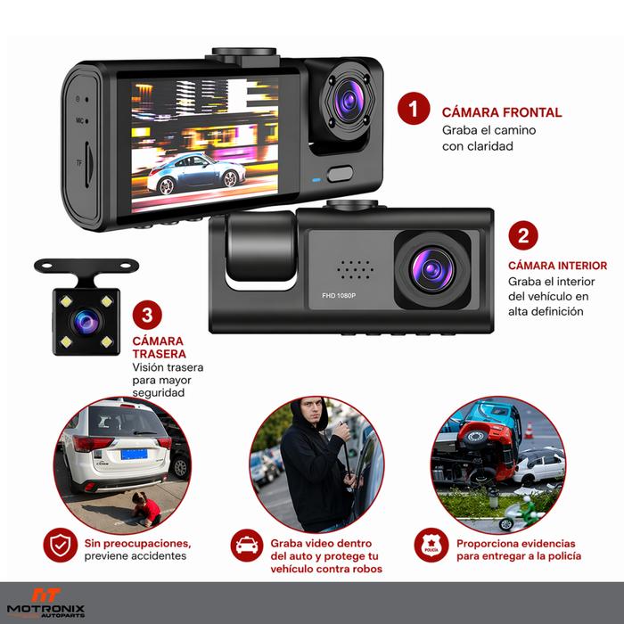 Dash Cam 3 en 1 Full HD 1080P – Cámara Frontal, Interior y Trasera